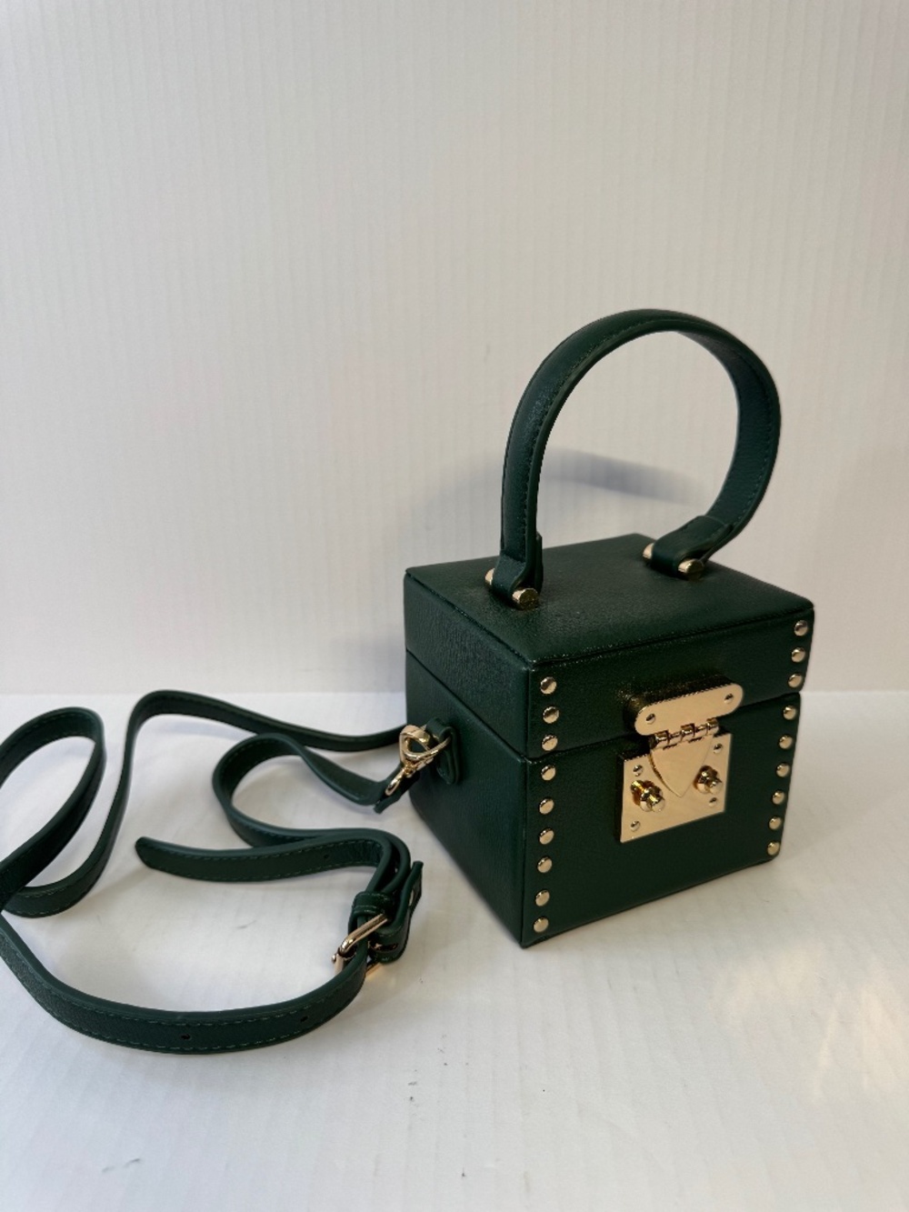 LIKE DREAMS Green Box Bag Studded Top Handle Crossbody Gold Lock Mini Purse
